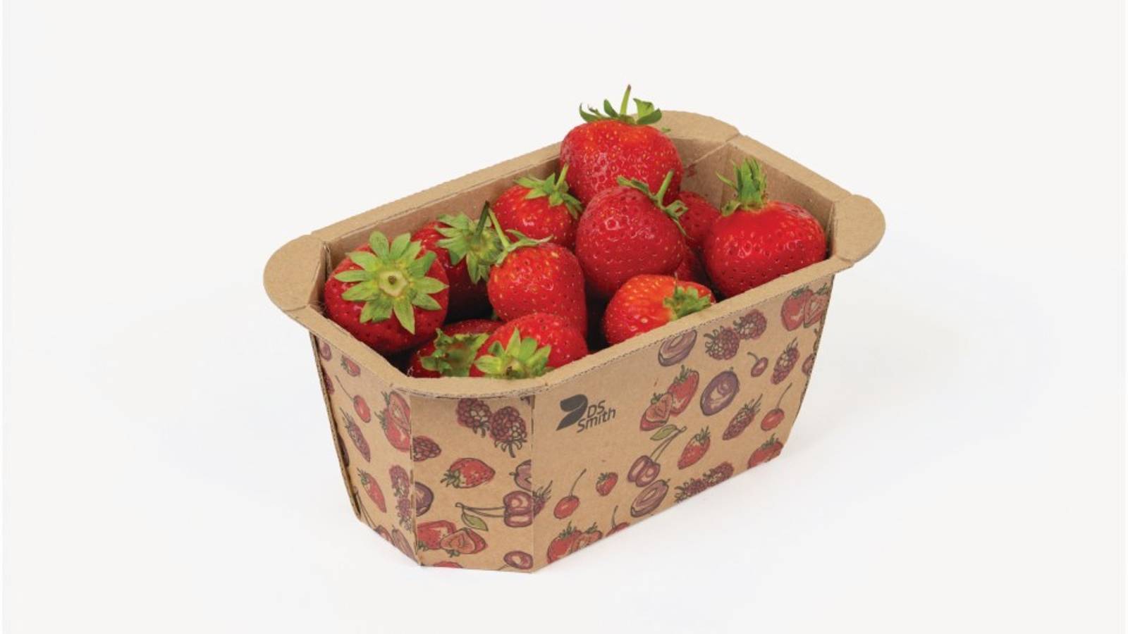 DS Smith recyclable cardboard punnet filled with fresh strawberries, decorated with a printed berry-themed design for sustainable fruit packaging.