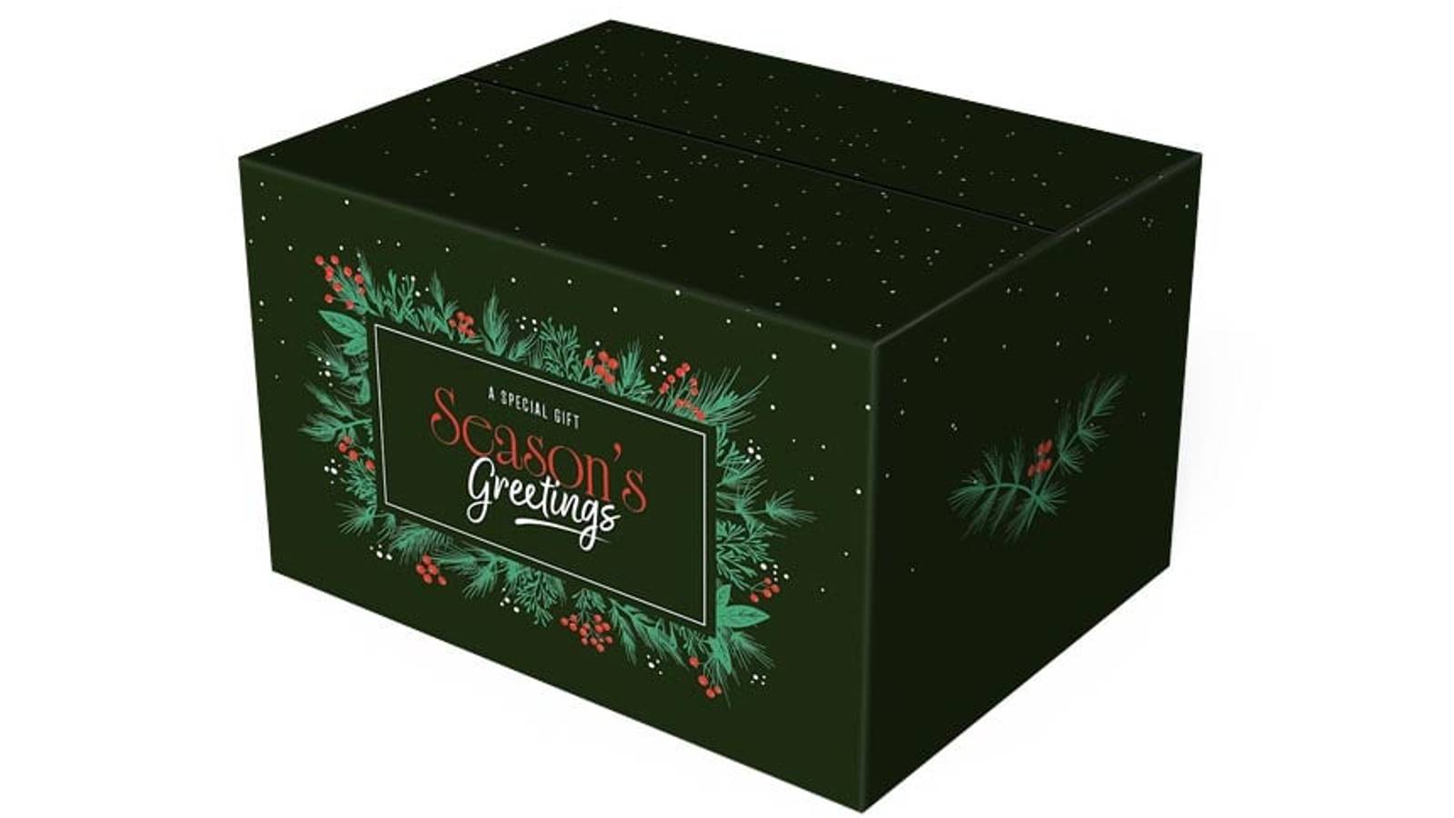 Donkergroene kerstpakketdoos met dennentakken, hulstbessen en de tekst "Season's Greetings"