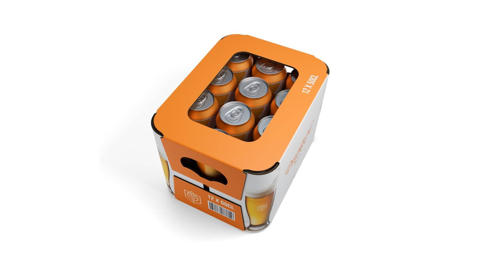 Eine orangene Verpackung mit weißem DS Smith Logo welche mehrere Dosen verpackt. Die Verpackung hat oben einen Ausschnitt und runde Ecken und steht vor einem weißen Hintergrund.