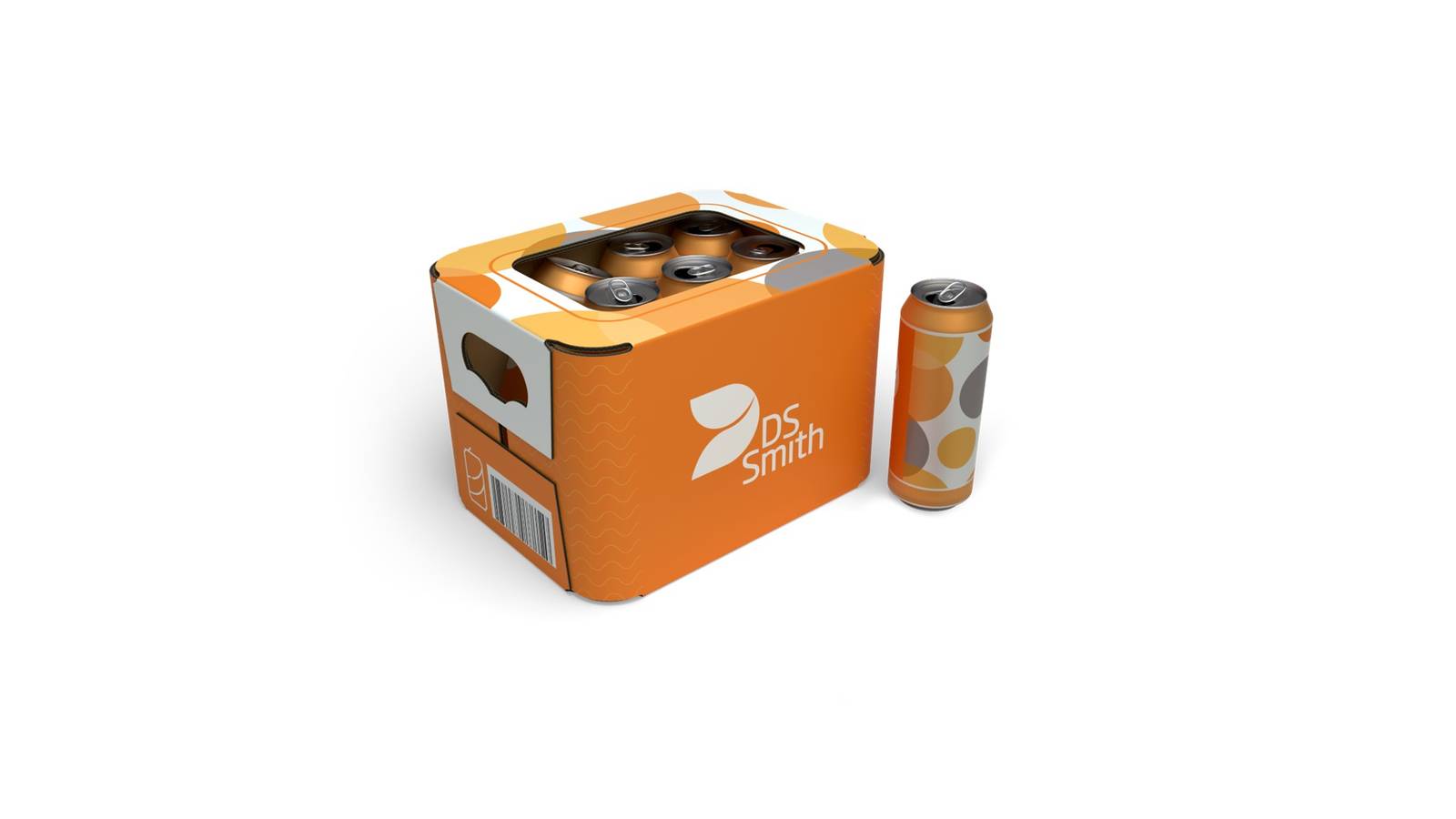 Eine orange gemusterte Getränkedose steht rechts neben einer orangenen Verpackung mit weißem DS Smith Logo welche mehrere Dosen verpackt. Die Verpackung hat oben einen Ausschnitt und runde Ecken.