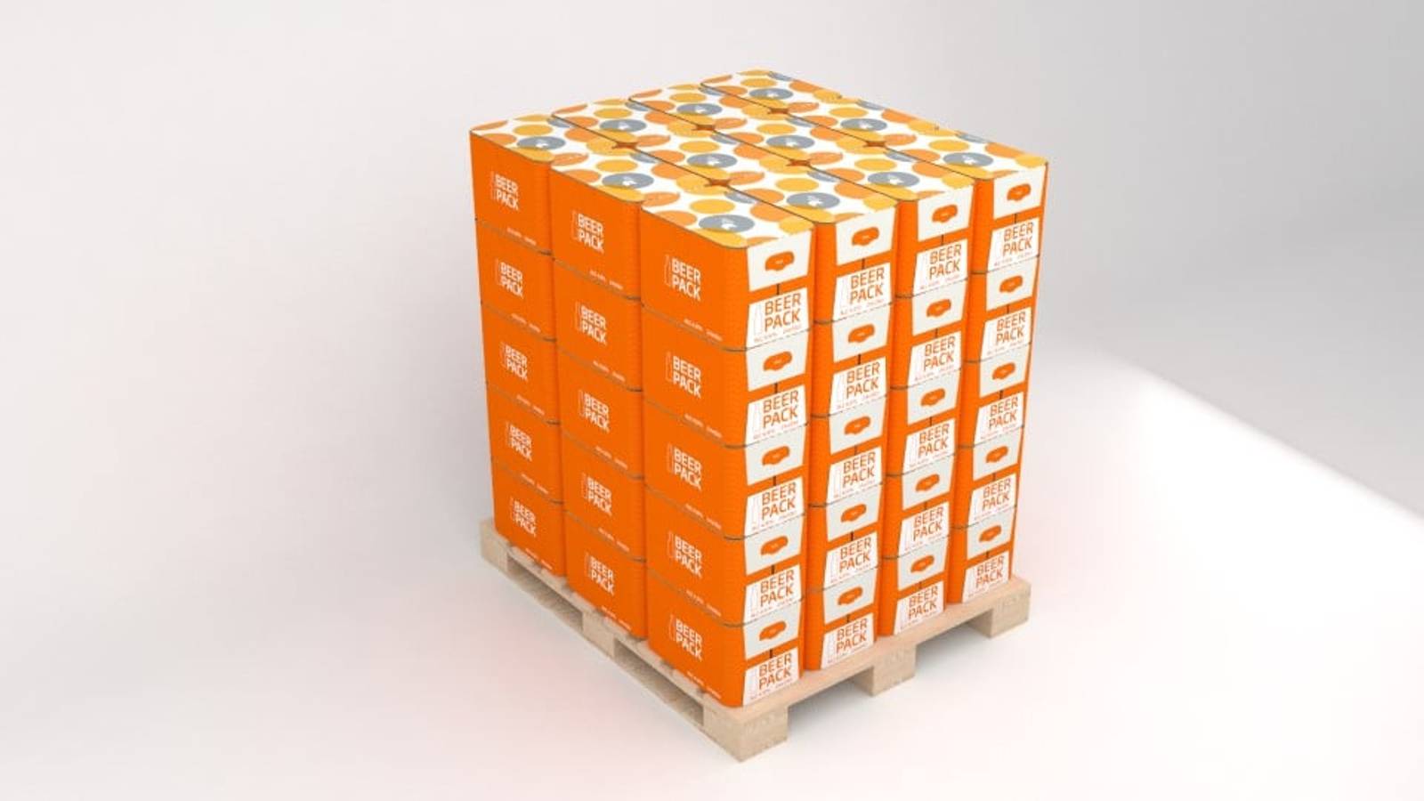 60 orangene Verpackungen mit der Aufschrift "Beer Pack" stehen auf einer Palette.