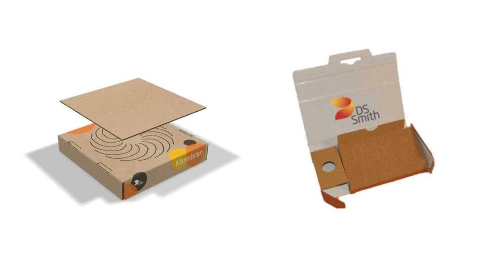 Zwei kleine Wellpappverpackungen mit Fixierelement im DS Smith Design.