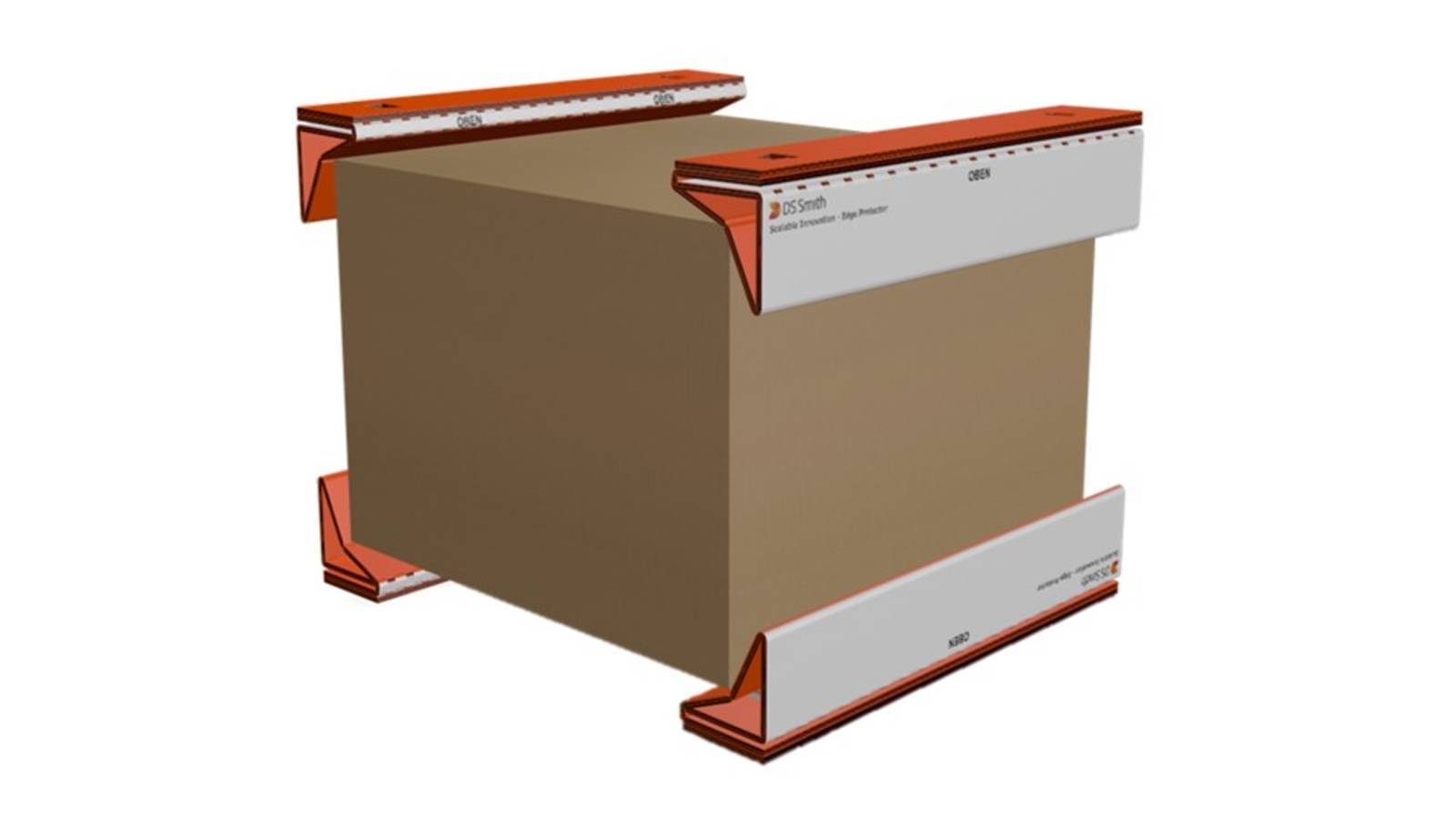 Eine braune Verpackung aus Wellpappe hat an vier Kanten ein weiß-orangenes Schutzelement angebracht.