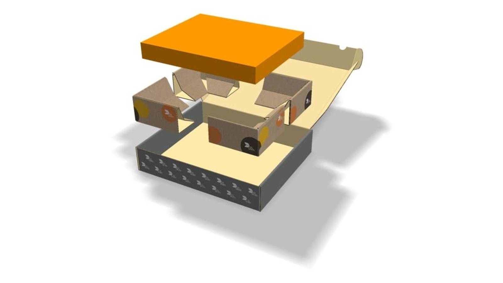 Die Einzelteile einer Verpackung werden dargestellt mit einem viereckigen orangen Produkt ganz oben, vier braunen Schutzecken in der Mitte und einer einteiligen Verpackung ganz unten mit grauem Außendruck.