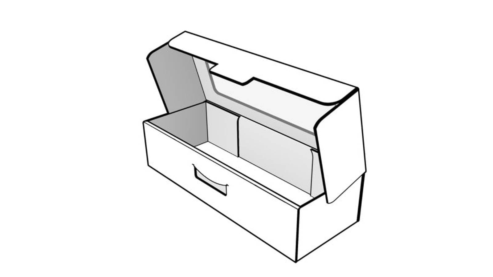 Skizze einer faserbasierte Lebensmittelverpackung mit geöffnetem Deckel.