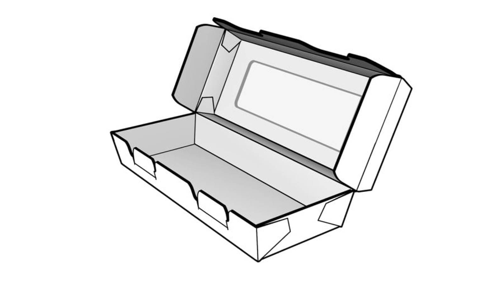 Skizze einer faserbasierte Lebensmittelverpackung mit geöffnetem Deckel.