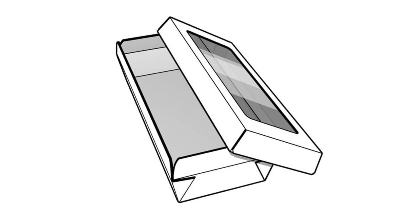 Skizze einer faserbasierte Lebensmittelverpackung mit separatem, geöffnetem Deckel.