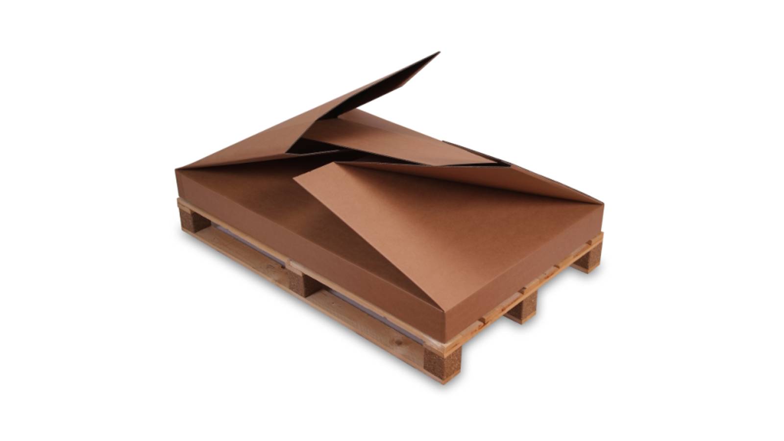 Große Wellpappbox halb zusammengelegt auf einer Palette.