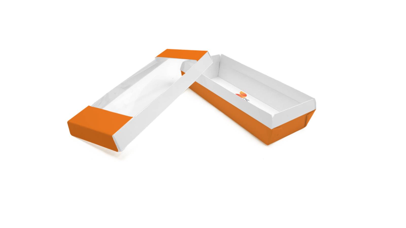 Geöffnete, faserbasierte Lebensmittelverpackung mit Sichtfenster.