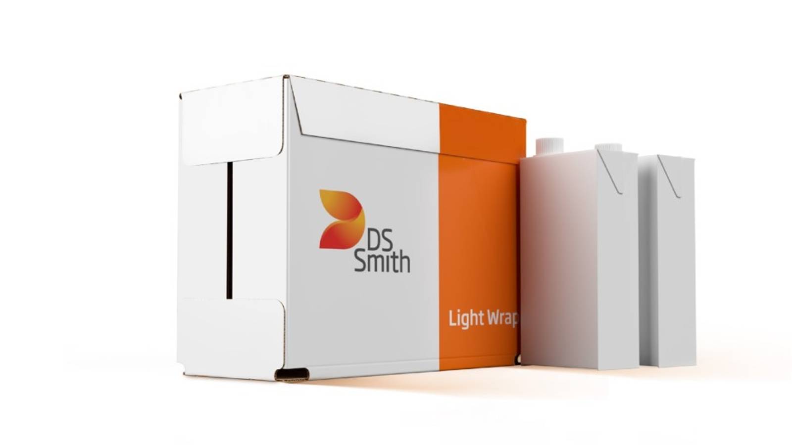 Umverpackung in weiß-orangenem DS Smith Design steht neben zwei weißen Tetrapacks