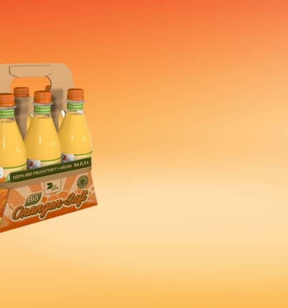Sechs gefüllte Orangensaftflaschen sind mit einem bedruckten Wellpappzuschnitt und einer schmalen braunen Banderole zusammengebündelt und stehen vor einem orange-meliertem Hintergrund.