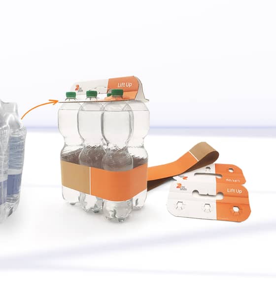 a fully recyclable, fibre-based alternative to plastic shrink-wrap for rigid bottle multi-packs