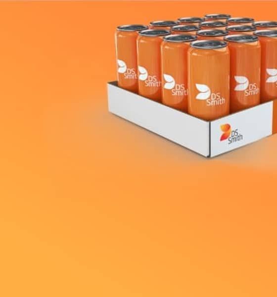 Dosentray im DS Smith Design gefüllt mit 16 weiß-orangenen Dosen vor einem orangen Hintergrund