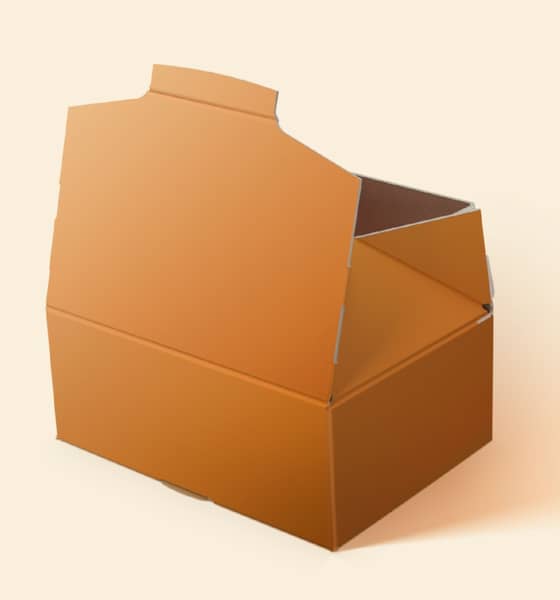 Eine offene einteilige, orangene Verpackung von hinten steht vor einem gelb-rosa Hintergrund.