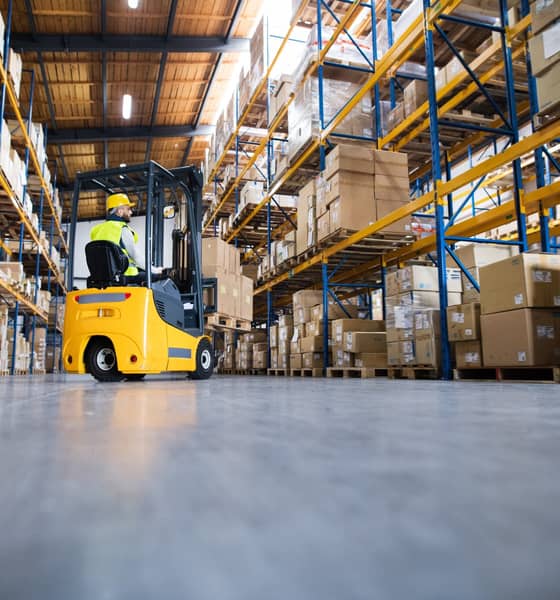 Staplerfahrer mit Palette auf der Gabel steht in einem Lager voller Boxen.
