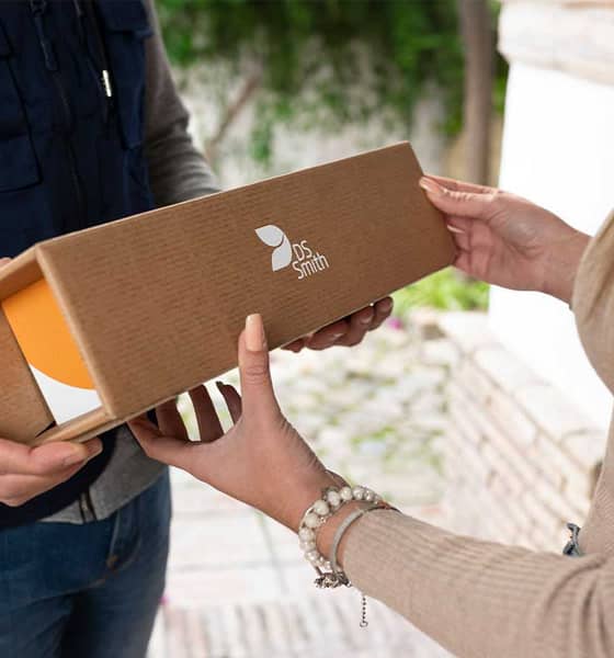 bruine kartonnen verpakking met gekleurde binnenkant en DS Smith logo afgeleverd door pakketdienst bij voordeur