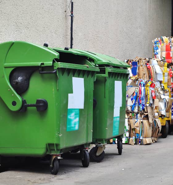 Waste on the street includinge large bins, paper and cardboard bailed waste