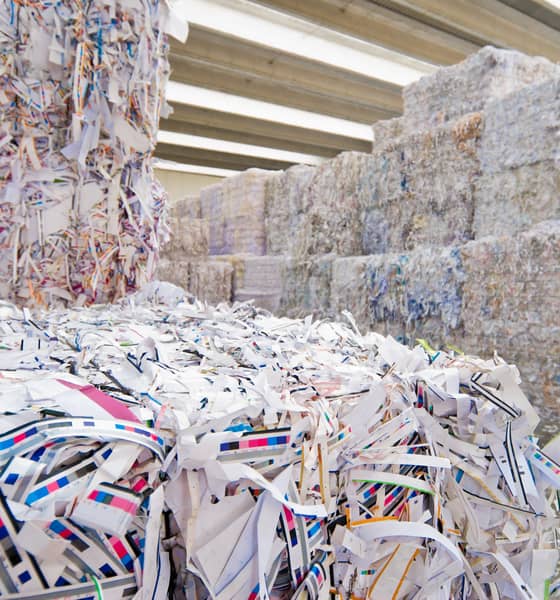 Waste paper bales stacked in a warehouse