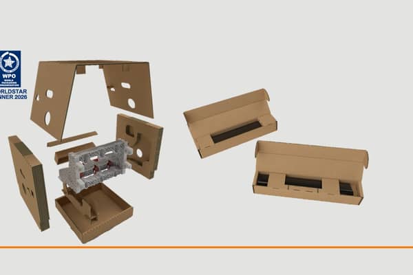Exploded view of a sustainable corrugated cardboard packaging solution with an integrated molded fiber insert for product protection.