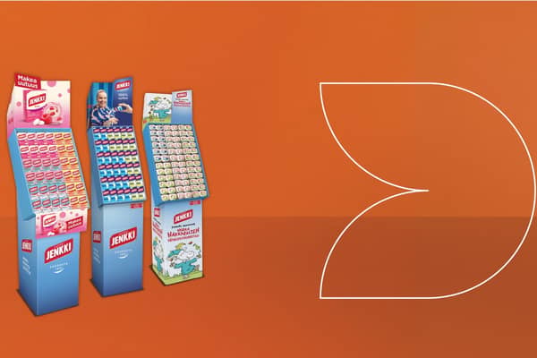 Jenkki chewing gum display stands, part of Cloetta's confectionery portfolio, against an orange background