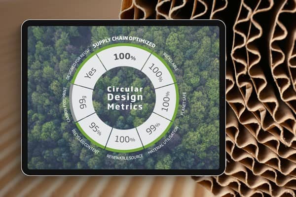 Circular Design Metrics diagram op een scherm met data over de duurzaamheid van een verpakking van golfkarton en golfkartonnen achtergrond