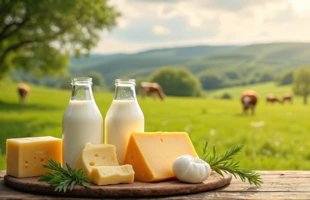 Milk and cheese products displayed outdoors in a green pasture landscape.