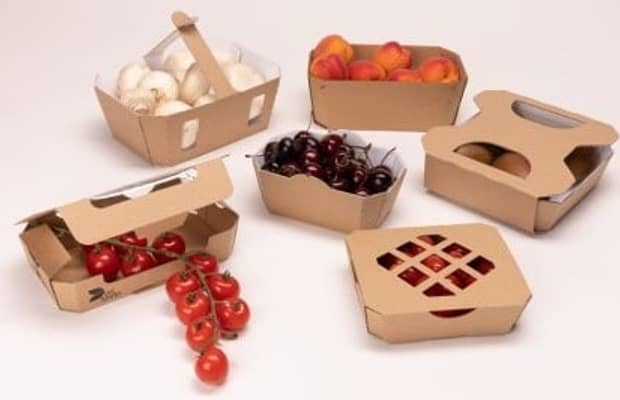 Mehrere Wellpappschalen für Obst und Gemüse gefüllt mit unterschiedlichem Obst & Gemüse.