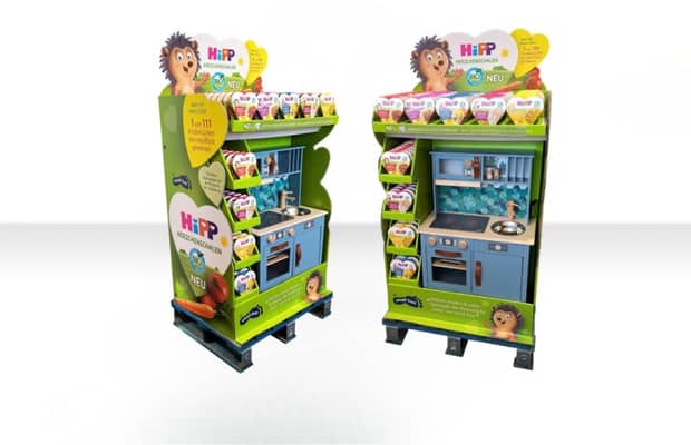 HiPP Display mit integrierter Kinderküche für Herzchenschalen Kinderfertigmahlzeiten.
