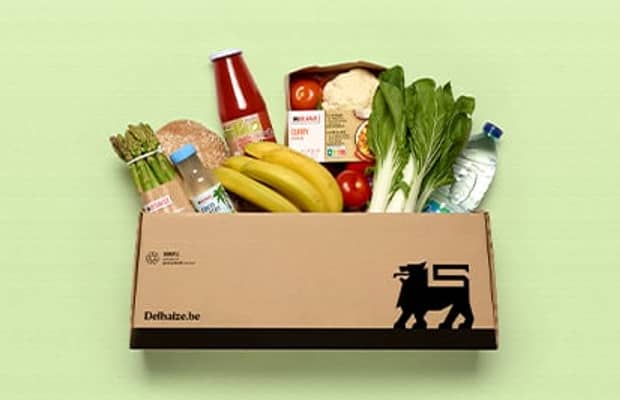 Delhaize boodschappen box van karton op groene achtergrond