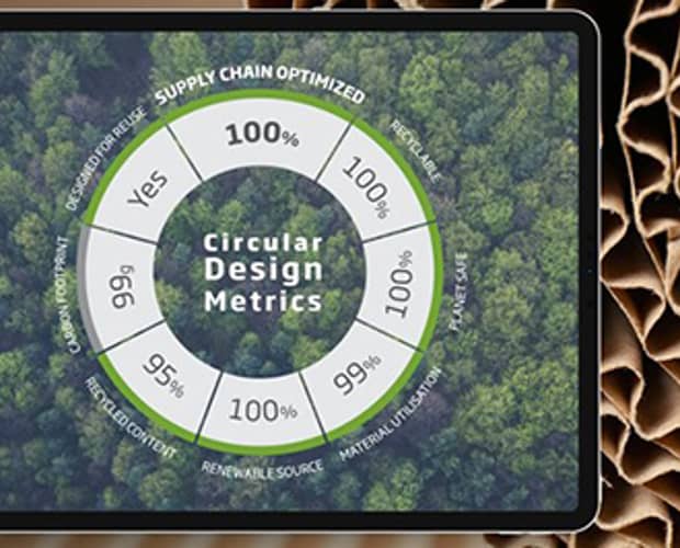 Circular Design Metrics diagram op een scherm met data over de duurzaamheid van een verpakking van golfkarton en golfkartonnen achtergrond