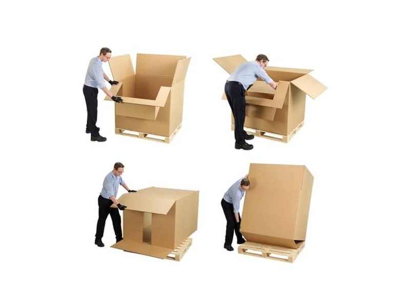 Collage bestehend aus vier Schritten wie ein Mann eine Palettenbox aus Wellpappe aufbaut.