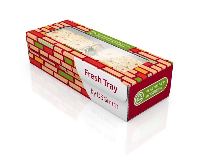 Faserbasierte Lebensmittelverpackung gefüllt mit zwei Wraps.