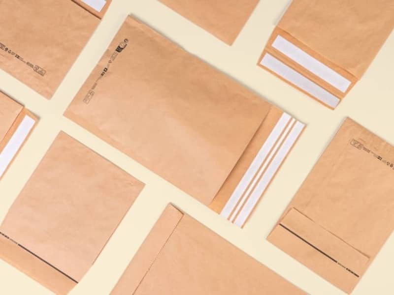 Viele braune unterschiedliche Papierversandtaschen liegen flach auf gelbem Hintergrund nebeneinander und man hat eine Vogelperspektive. 