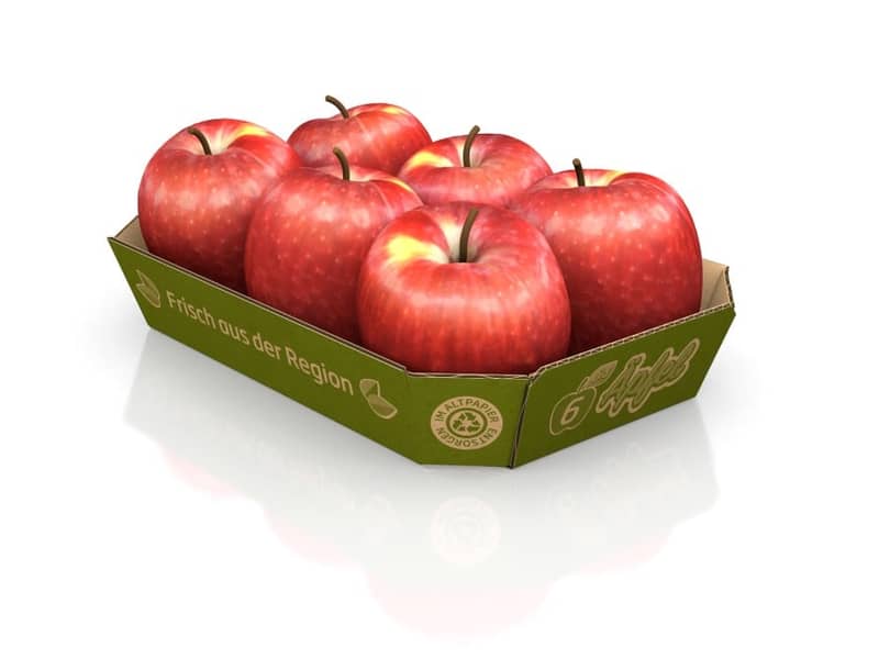 Tray aus Wellpappe gefüllt mit sechs roten Äpfeln.