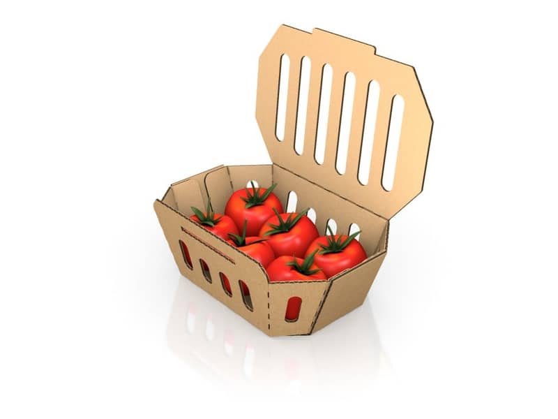 Verpackung aus Wellpappe gefüllt mit Tomaten und geöffnetem Deckel.