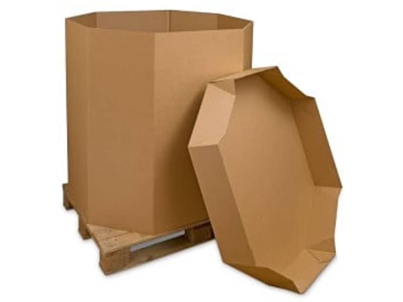 Oktabiner aus Wellpappe geöffnet, mit Deckel nebenan stehend.