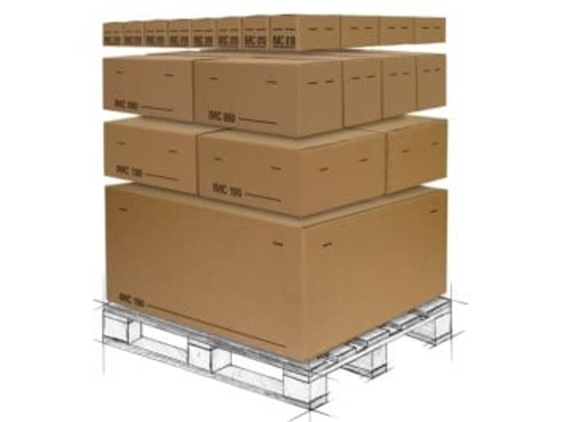 Skizze einer Palette auf welcher mehrere Verpackungen aus Wellpappe gestapelt sind.