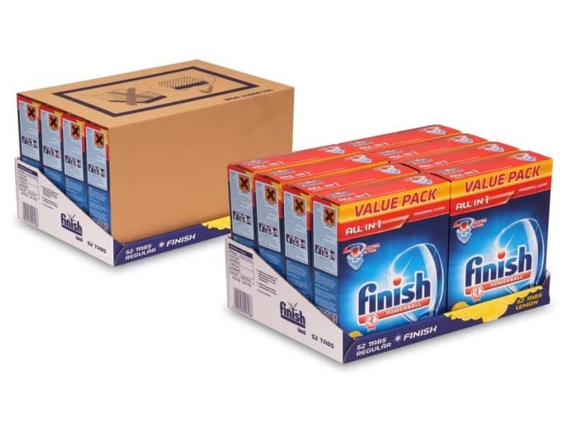 Zwei Trays aus Wellpappe gefüllt mit Verpackungen von "Finish".