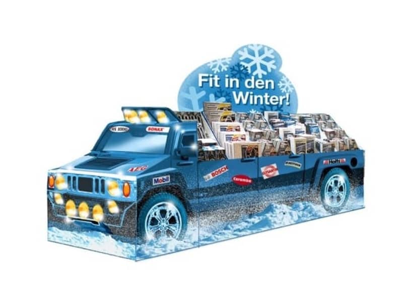 Blaues Display in Form eines Autos.