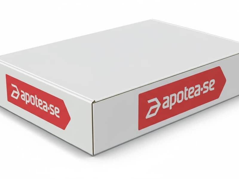 En vit kartongförpackning med Apoteas röda logotyp tryckt på sidan. Lådan är platt och kompakt, utformad för att minimera luft och onödigt emballage.