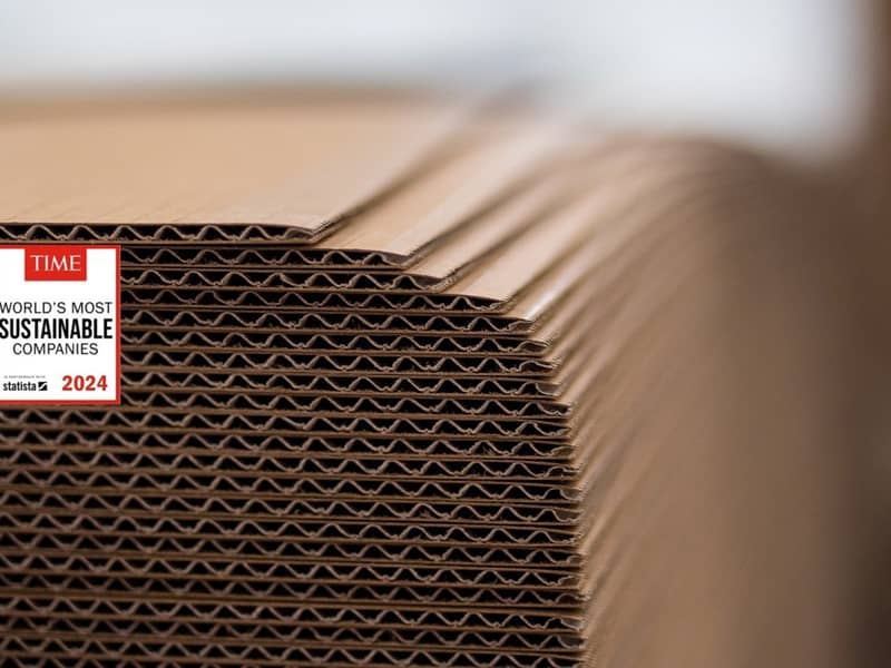 Wellpapp-Bögen gestapelt, darüber das Logo von Time