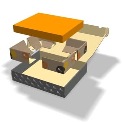 Die Einzelteile einer Verpackung werden dargestellt mit einem viereckigen orangen Produkt ganz oben, vier braunen Schutzecken in der Mitte und einer einteiligen Verpackung ganz unten mit grauem Außendruck.