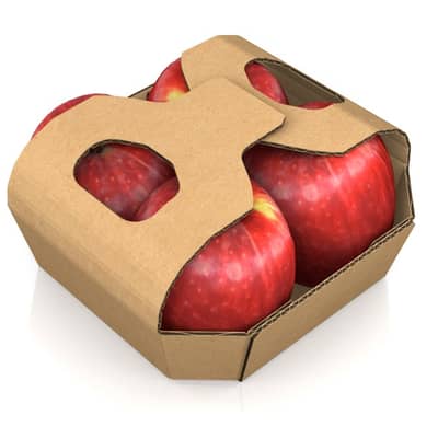 Wellpappschale gefüllt mit vier Äpfeln.