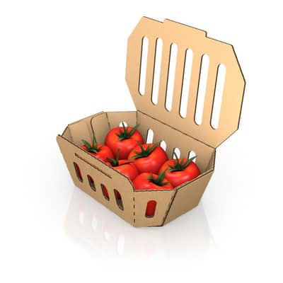 Wellpappschale, mit geöffnetem Deckel, gefüllt mit Tomaten.