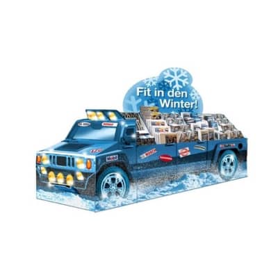 Blaues Display aus Wellpappe in Form eines Autos.