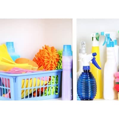 Wäschekorb, Putzlappen und Putzmittel.