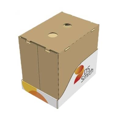 Regalverpackung mit weißem Tray mit farbigem DS Smith Logo und braunem Deckel.