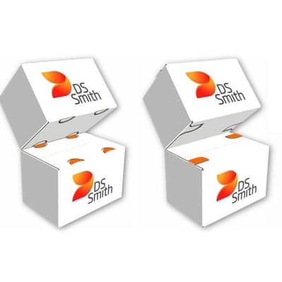 Zwei aufeinandergestapelte weiße Kartons mit DS Smith Logo