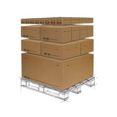 Skizze einer Palette, auf welcher mehrere Verpackungen aus Wellpappe gestapelt sind.