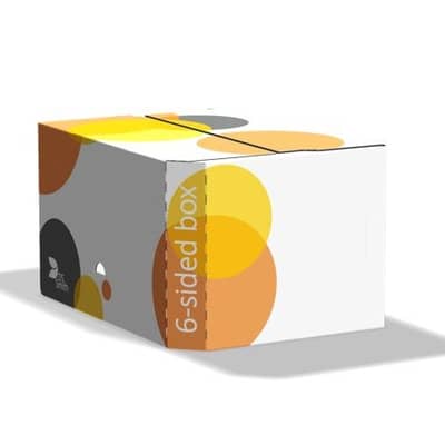 eine sechs-seitige Faltkiste mit abgeschrägten Ecken liegt auf einem weißen Untergrund. Die Kiste hat bunte Kreise und ein DS Smith Logo ist zu sehen.